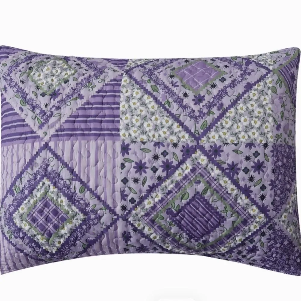 Purple Lavender Floral Printed Patchwork Queen Quilt Set Cottage Farmhouse